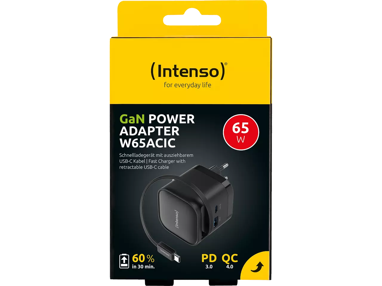 Caricatore Intenso W65ACIC GaN 65W Con Cavo USB-C Estraibile, 3 Porte (USB-C Integrato, USB-C, USB-A), PD E PPS, Bianco - 6